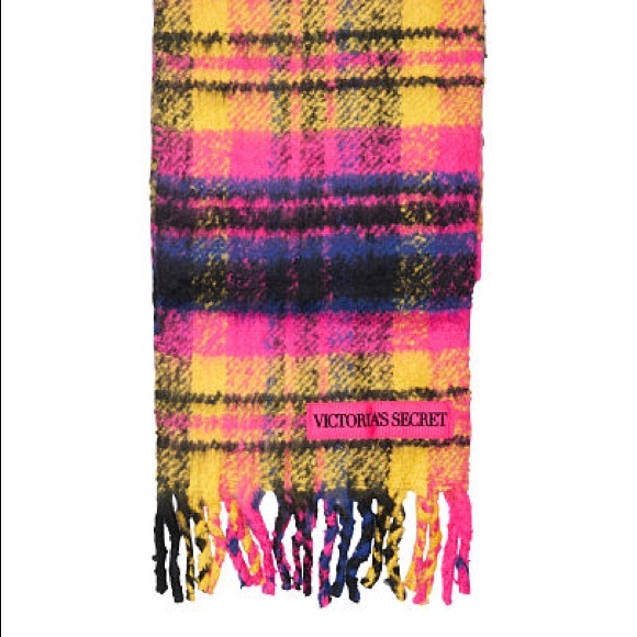 Victoria Secret Fuchsia & Yellow Plush Plaid Scarf - Picture 3 of 10